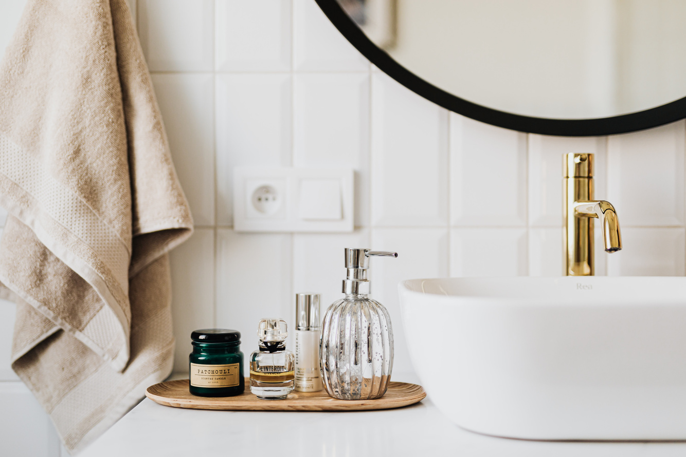 Set of skin care products in contemporary bathroom